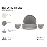 Ceramic Dinner Set Of 12 Pcs, Grey | Crockery Set For Dining Table - Dining Sets Crockery Items | Glossy Finish Premium Stoneware - 6 Dinner Plates + 6 Veg Small Bowls, 180ml Each
